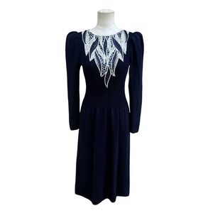 Vintage Pat Sandler Saks Fifth Avenue Navy Beaded Sequin Puff Sleeve Dress 8